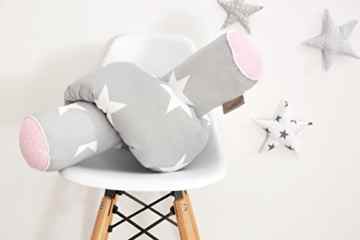 KraftKids Bettrolle große weiße Sterne auf Grau und weiße Punkte auf Rosa -