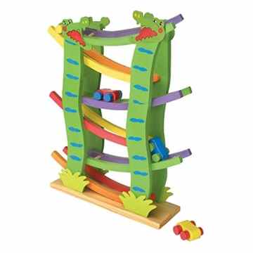 Kugelbahn Krokobahn aus Holz, im farbenfrohen Design, 4 Autos sorgen für eine rasante Abfahrt über 6 Ebenen, schult die Feinmotorik -