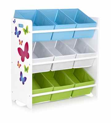 Leomark Holzregal, Regal für Spielzeug. Motiv: Schmetterlinge. Aufbewahrungsregal, Spielzeugregal, Kinderregal, Spielzeugablage mit 9 Schubladen -