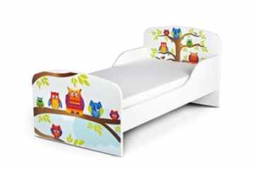 Leomark KINDERBETT 140×70 Funktionsbett Einzelbett mit Matratze Motiv: Eulen Sehr Einfache Montage -