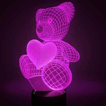 Liebe Herz Bär 3D Optische Illusions-Lampen, FZAI Tolle 7 Farbwechsel Acryl berühren Tabelle Schreibtisch-Nachtlicht mit 150 cm USB-Kabel für Kinder Schlafzimmer Weihnachten Geburtstagsgeschenke -