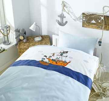 Lorena Baby/Kinderbettwäsche Piraten, Mako-Satin, blau, Größe Bettwäsche:100×135 cm + 40×60 cm -