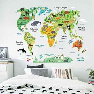 Loveven Wandsticker-Dekoration Weltkarte und Wilde Tiere Wandtattoos Schlafzimmer Wohnzimmer Büro Kunst Wandstickers -