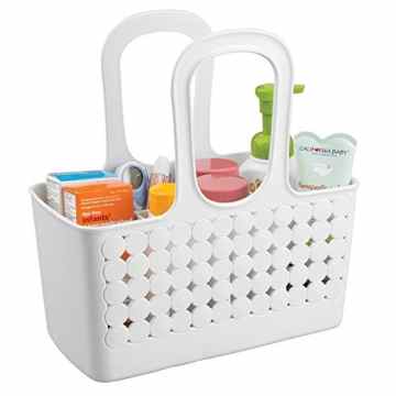 mDesign Kinderwagen Organizer – Aufbewahrung für Spielzeug, Shampoo, Thermometer, Puder, Lotion – klein/unterteilt/weiß