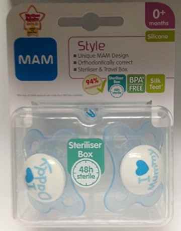 MAM Style – 2 x Schnuller ‚I Love Mummy & I Love Daddy‘ 0m+ (Blau) -
