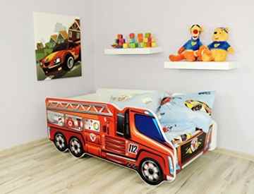 Moleo Autobett Kinderbett Juniorbett in LKW Optik mit Matratze und kleinem Kissen (140×70). Praktisches und bequemes Bett für Ihr Kind -