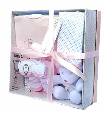 Neugeborenes Baby-Geschenk- Set mit Bodysuit, Lätzchen , Spielzeug, Socken in einem Geschenkkarton . 0 – 3. Monate -