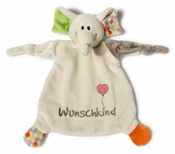Nici 40038 Schmusetuch Elefant, Botschaft und Bildmotiv gestickt, „Wunschkind“, 25 x 25 cm -
