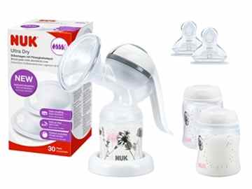 NUK 10.225.111 Still-Set mit 1x Jolie Handmilchpumpe, 1x Ultra Dry Stilleinlagen 30er, 2x Muttermilchbehälter, 2x gratis First Choice+ Trinksauger Silikon Gr. 2S -