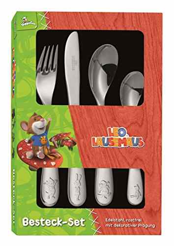 p:os 24131 Besteckset Leo Lausemaus, 4 Teiliges Set mit aufwändiger Prägung, Edelstahl 18/10, rostfrei