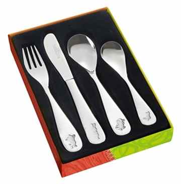 p:os 24131 Besteckset Leo Lausemaus, 4 Teiliges Set mit aufwändiger Prägung, Edelstahl 18/10, rostfrei -