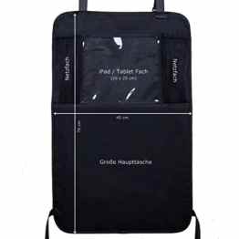Premium Autositz Rückenlehnenschutz / Trittschutz / Sitzschoner schwarz mit durchsichtigem iPad / Tablet Fach und praktischer Organizer-Funktion zum Verstauen von Utensilien und Getränken – hochwertige und wasserdichte Qualität schützt vor Schmutz und ist leicht zu reinigen – paßt für Autositze der meisten Automarken – neutrales Design – großflächig und sicher – ideal für Reisen mit Kindern! -