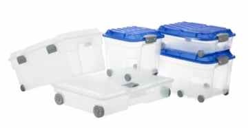 Rotho Aufbewahrungs-Kiste ROLLER 6 transparent mit Deckel in blau und 6 stabilen Rollen, Roll Box aus Kunststoff, Inhalt ca. 57 Liter, Plastik Box ca. 59,5 x 40 x 37 cm -