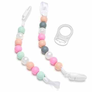Schnuller-Clips für Das Zahnen, 2er Pack Rosa/Perlen Design für Mädchen, Nuckel-Halter aus Silikon, Spielzeug für Das Zahnen und Schnuller-Band für Babydecken -