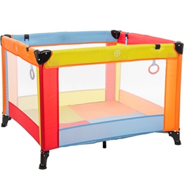 Spielstall Laufstall Reisebett mit Matratze (Design: Bunt) + 4 Greiffringe -