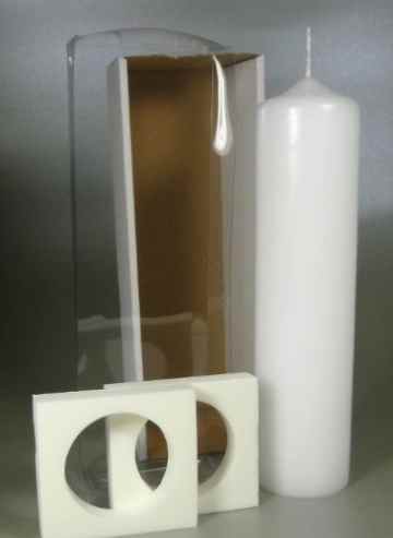 Taufkerze inkl. Klarsicht-Karton 25 x 6 cm (Stumpen weiss 25×6) -4710- Kerze zur Taufe zum Basteln und selbst gestalten -