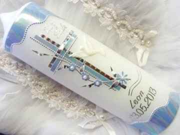 Taufkerze Kommunionkerze Junge Mädchen 250/70 mm VT-11 inkl. Zubehör für selbstbeschriften -