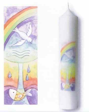 Taufkerze mit Regenbogen, Taube, Wasser, 265×50 mm -